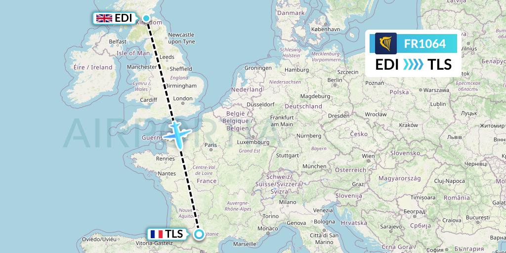 FR1064 Ryanair Flight Map: Edinburgh to Toulouse