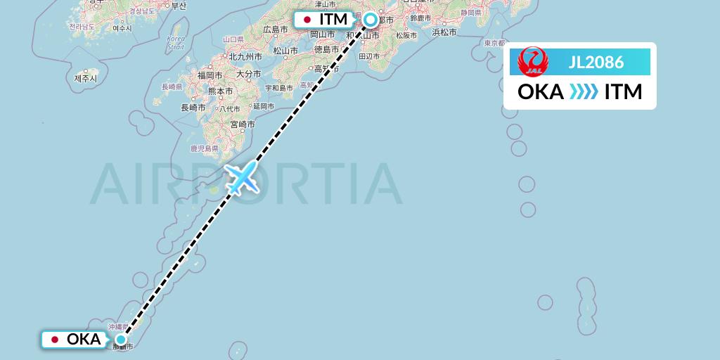 JL2086 Japan Airlines Flight Map: Naha to Osaka