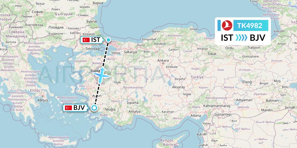 TK4982 Turkish Airlines Flight Map: Istanbul to Bodrum