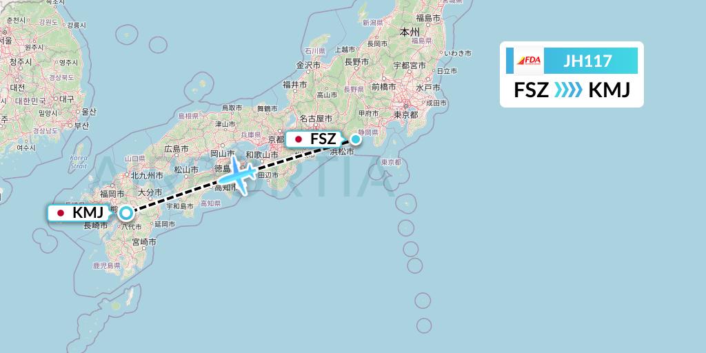 JH117 Fuji Dream Airlines Flight Map: Shizuoka to Kumamoto