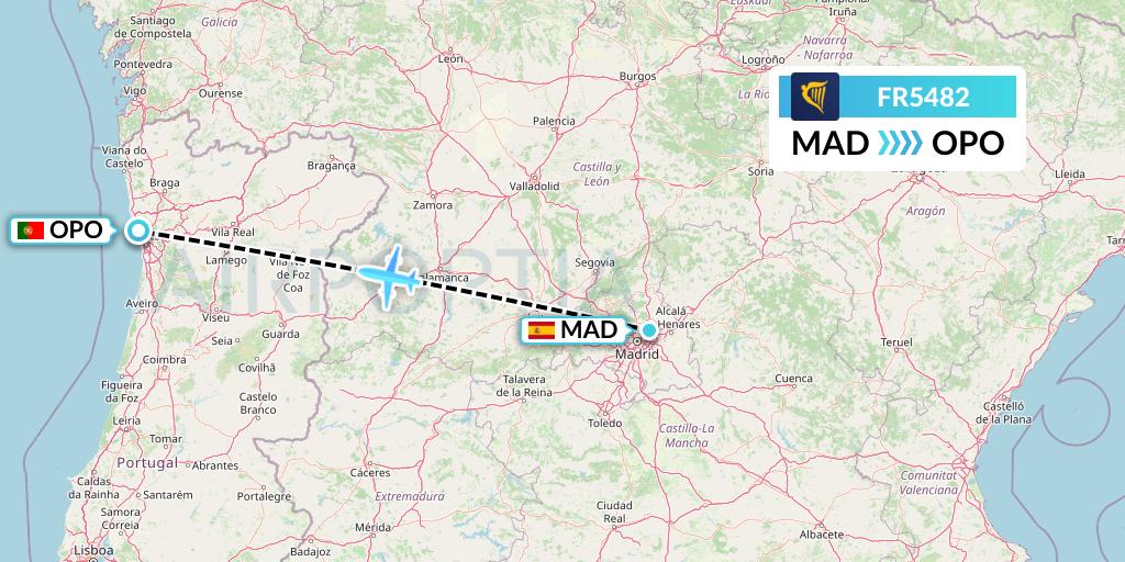 FR5482 Ryanair Flight Map: Madrid to Porto