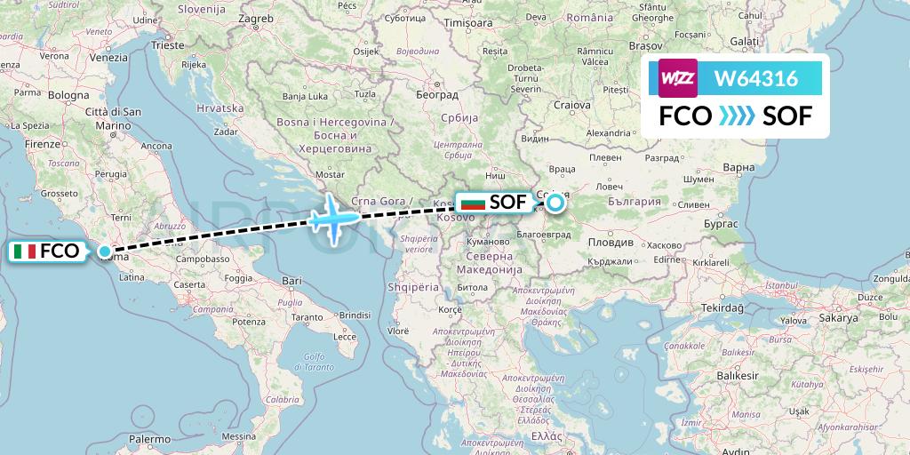 W64316 Wizz Air Flight Map: Rome to Sofia