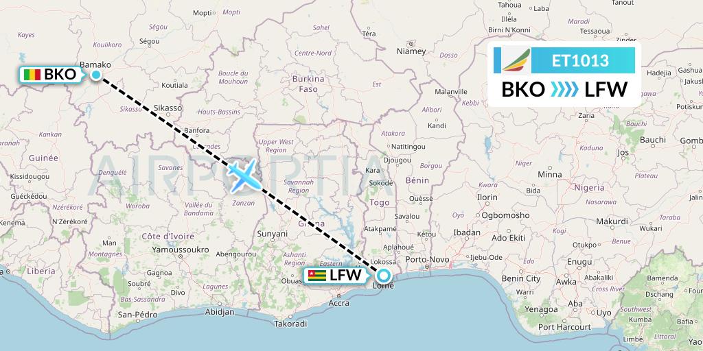 ET1013 Ethiopian Airlines Flight Map: Bamako to Lome