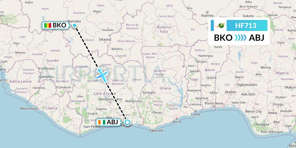 HF713 Air Cote d'Ivoire Flight Map: Bamako to Abidjan