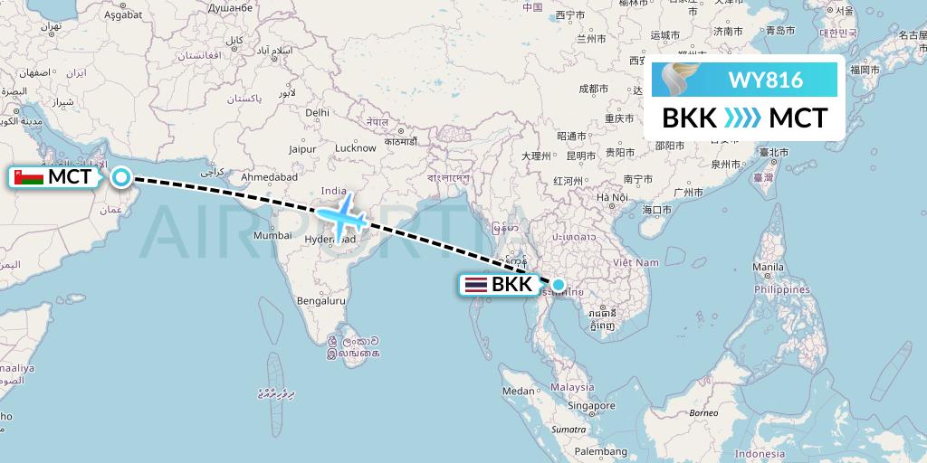 WY816 Oman Air Flight Map: Bangkok to Muscat