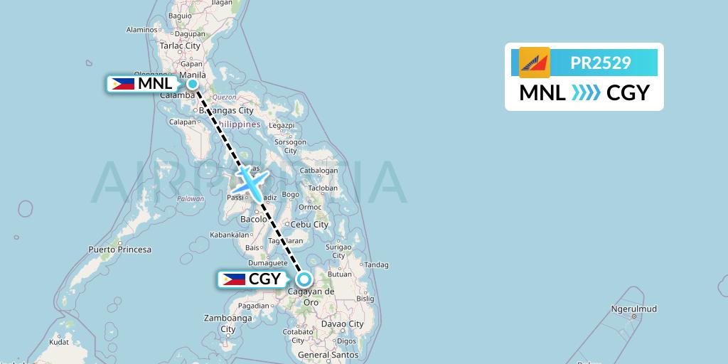 PR2529 Philippine Airlines Flight Map: Manila to Cagayan de Oro