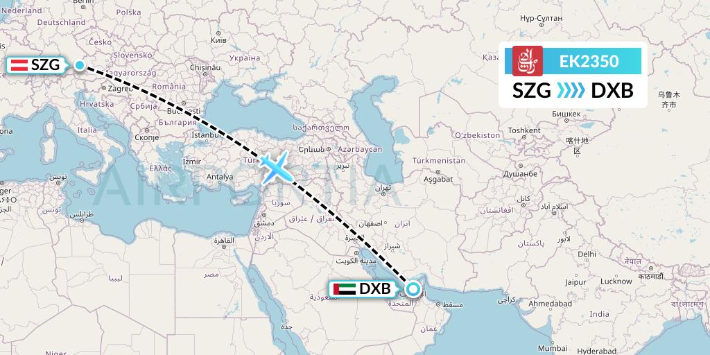 EK2350 Emirates Flight Map: Salzburg to Dubai
