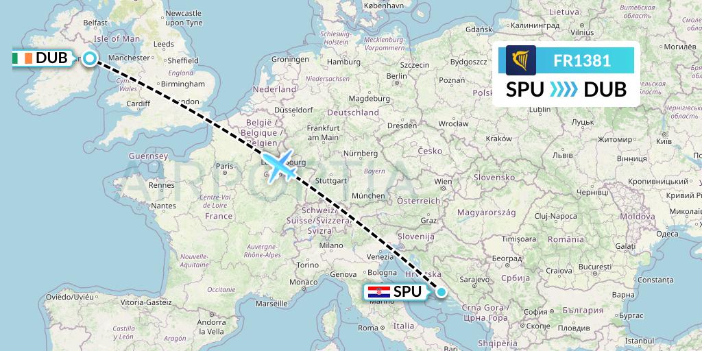 FR1381 Ryanair Flight Map: Split to Dublin