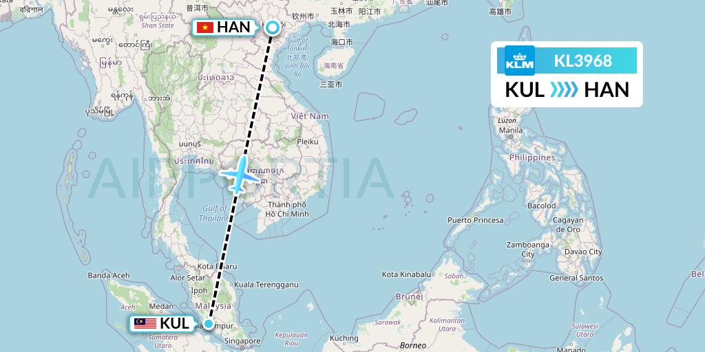 KL3968 KLM Flight Map: Kuala Lumpur to Hanoi