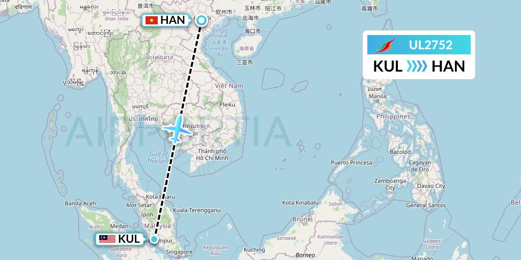 UL2752 SriLankan Airlines Flight Map: Kuala Lumpur to Hanoi