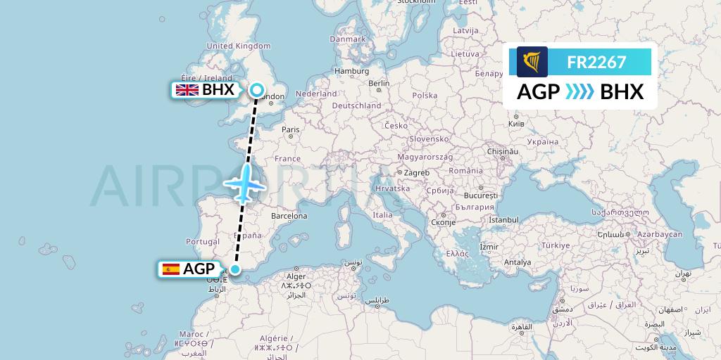 FR2267 Ryanair Flight Map: Malaga to Birmingham