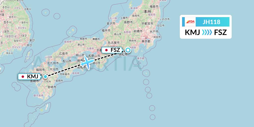 JH118 Fuji Dream Airlines Flight Map: Kumamoto to Shizuoka