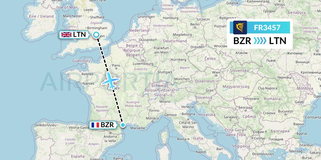FR3457 Ryanair Flight Map: Beziers to London