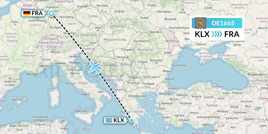 DE1665 Condor Flight Map: Kalamata to Frankfurt