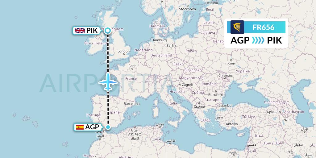FR656 Ryanair Flight Map: Malaga to Prestwick