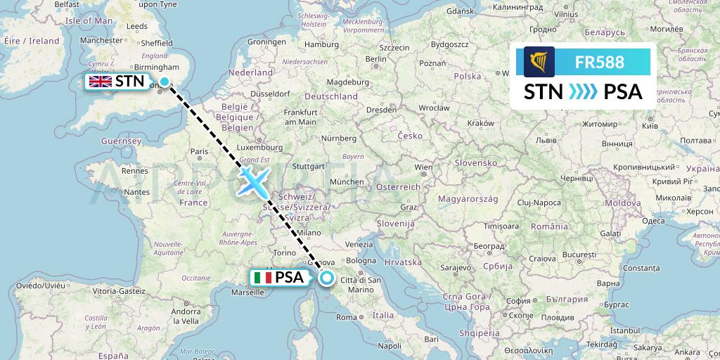FR588 Ryanair Flight Map: London to Pisa