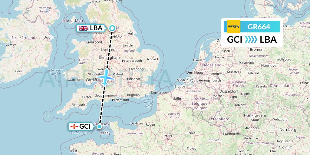 GR664 Aurigny Air Services Flight Map: Guernsey to Leeds