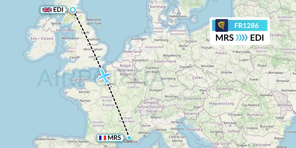 FR1286 Ryanair Flight Map: Marseille to Edinburgh