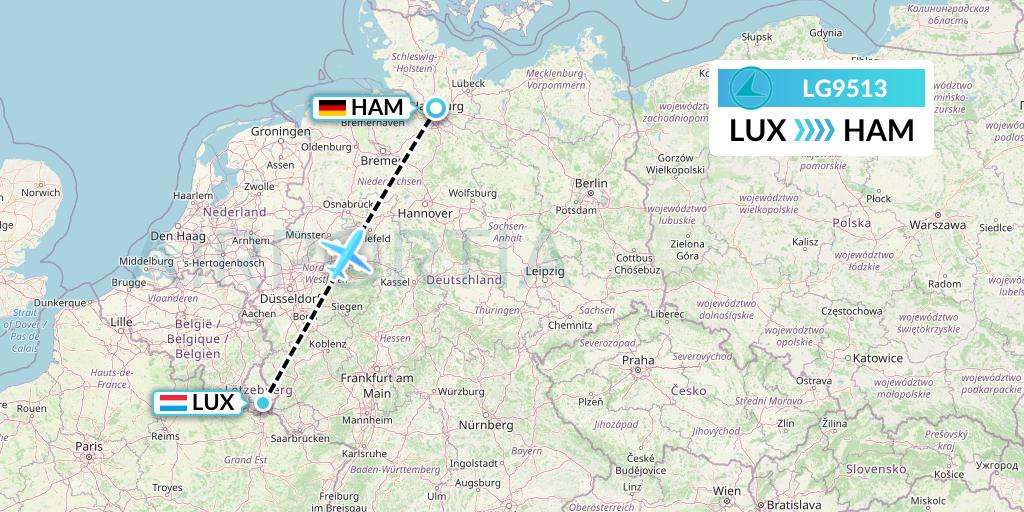 LG9513 Luxair Flight Map: Luxembourg to Hamburg