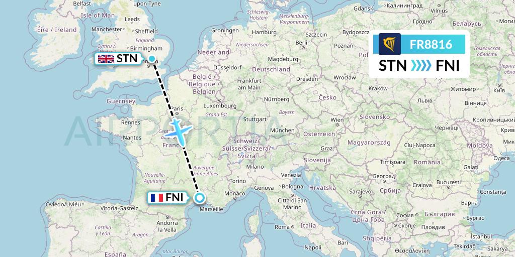 FR8816 Ryanair Flight Map: London to Nimes