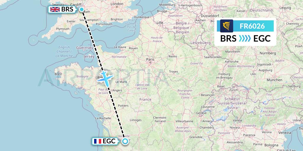 FR6026 Ryanair Flight Map: Bristol to Bergerac
