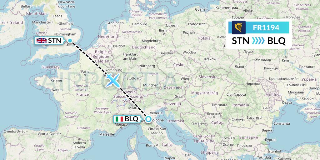 FR1194 Ryanair Flight Map: London to Bologna