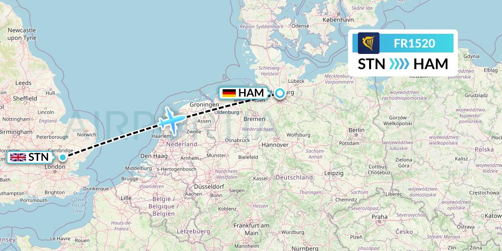 FR1520 Ryanair Flight Map: London to Hamburg