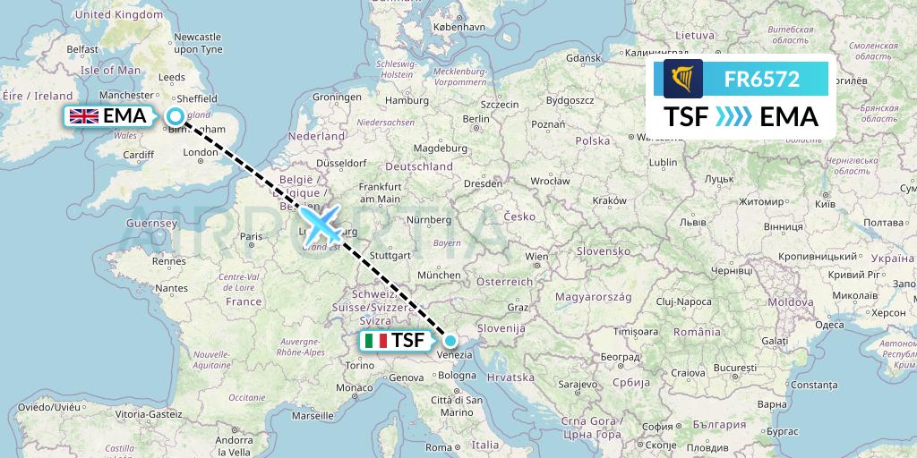 FR6572 Ryanair Flight Map: Treviso to East Midlands