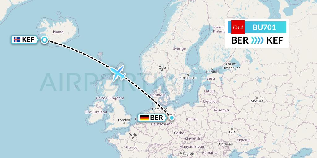 BU701 flyCAA Flight Map: Berlin to Reykjavik