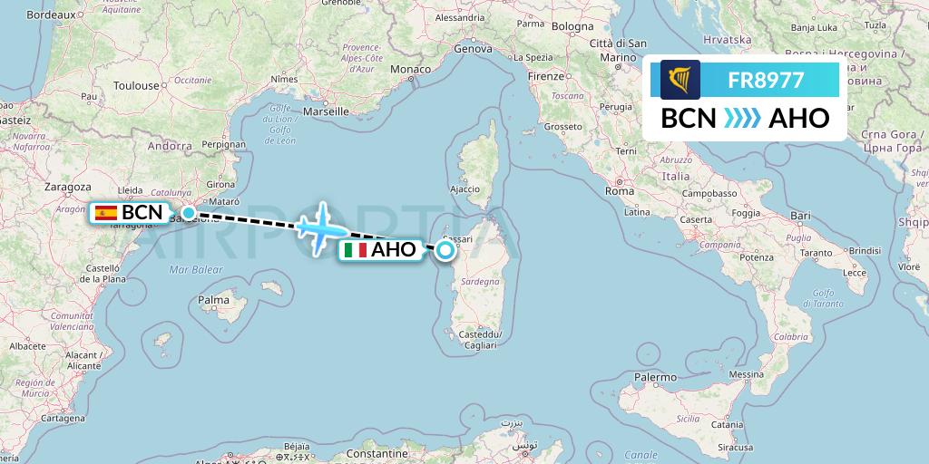 FR8977 Ryanair Flight Map: Barcelona to Alghero