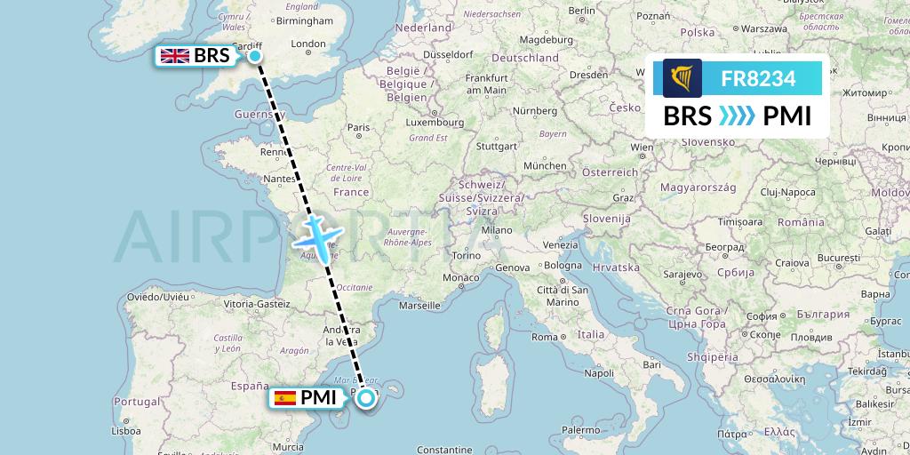 FR8234 Ryanair Flight Map: Bristol to Palma de Mallorca
