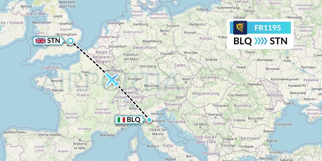 FR1195 Ryanair Flight Map: Bologna to London