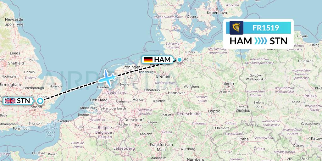 FR1519 Ryanair Flight Map: Hamburg to London