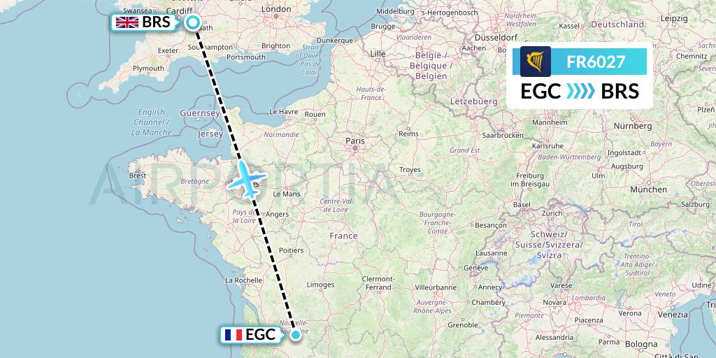 FR6027 Ryanair Flight Map: Bergerac to Bristol