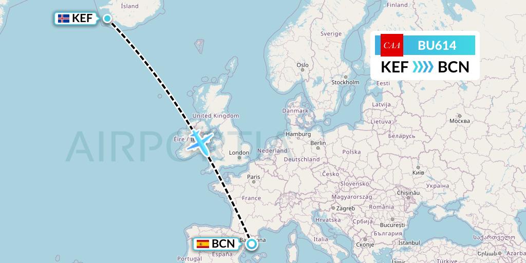 BU614 flyCAA Flight Map: Reykjavik to Barcelona