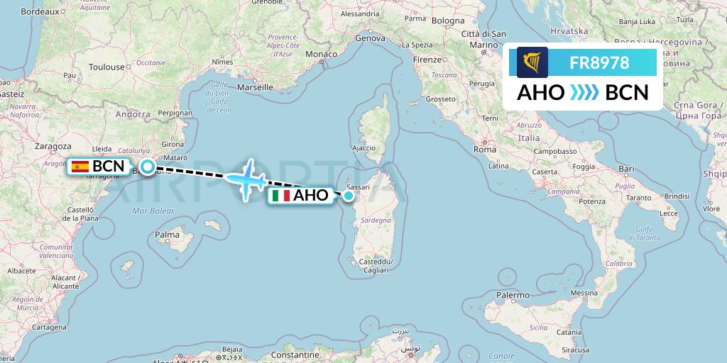 FR8978 Ryanair Flight Map: Alghero to Barcelona