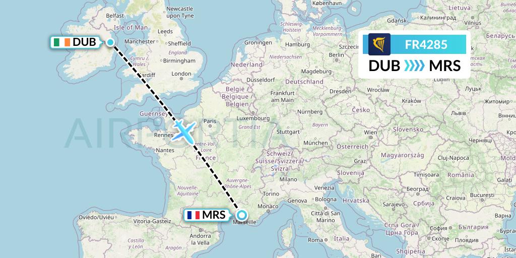 FR4285 Ryanair Flight Map: Dublin to Marseille