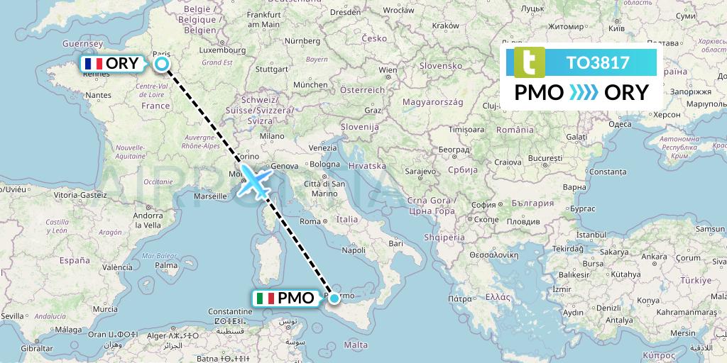 TO3817 Transavia France Flight Map: Palermo to Paris