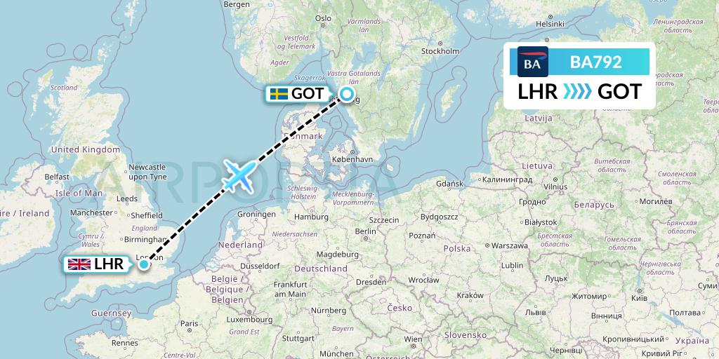 BA792 British Airways Flight Map: London to Gothenburg