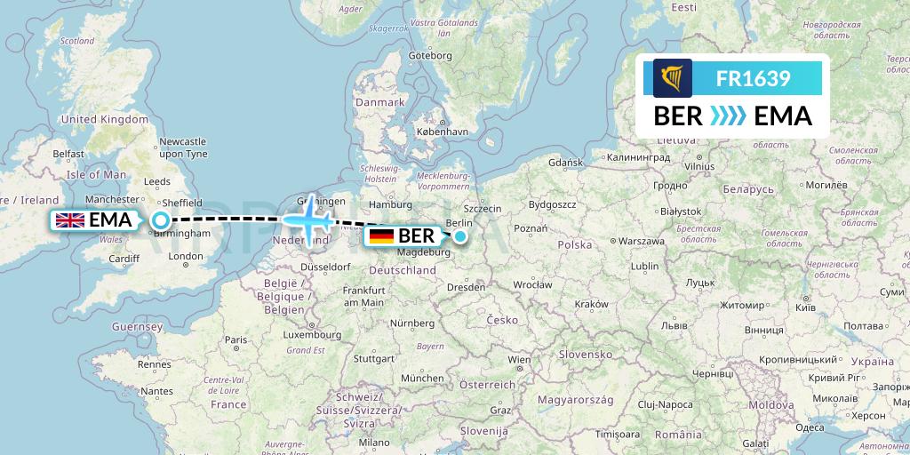 FR1639 Ryanair Flight Map: Berlin to East Midlands