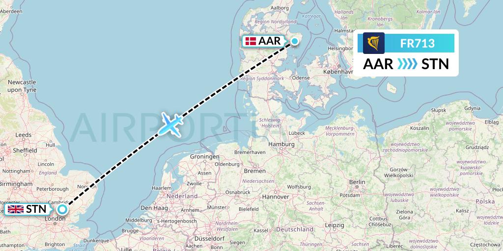 FR713 Ryanair Flight Map: Aarhus to London