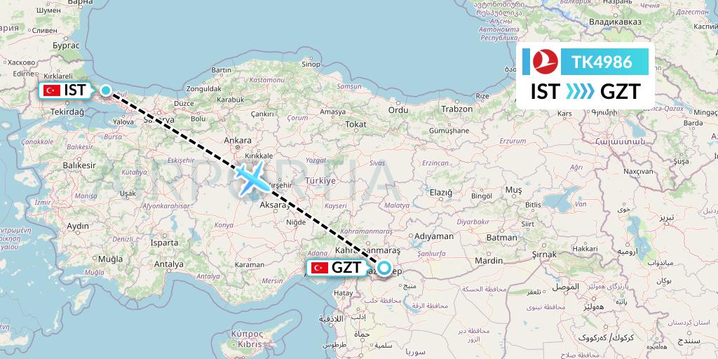 TK4986 Turkish Airlines Flight Map: Istanbul to Gaziantep