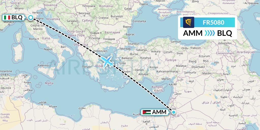 FR5080 Ryanair Flight Map: Amman to Bologna
