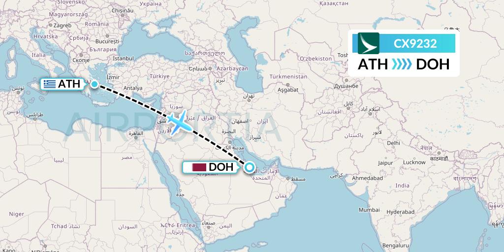 CX9232 Cathay Pacific Flight Map: Athens to Doha