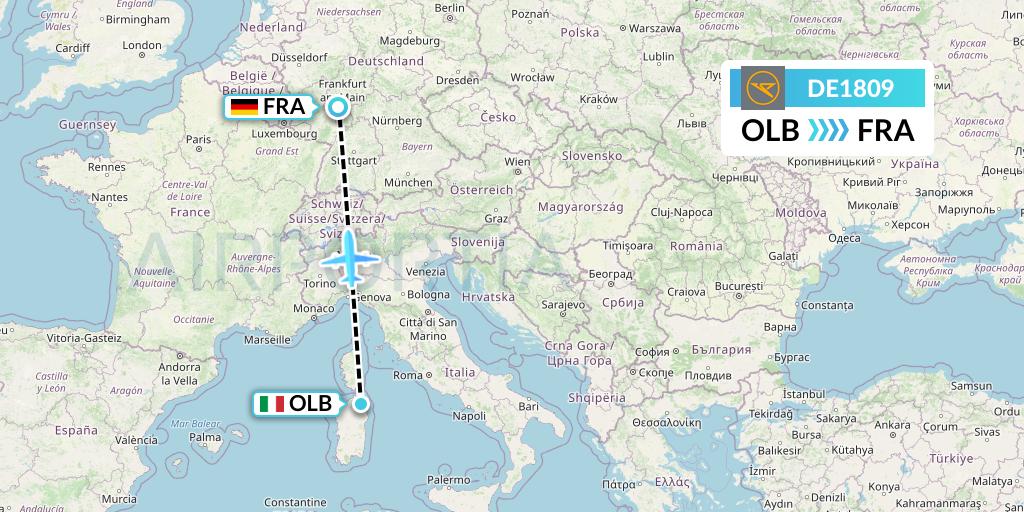 DE1809 Condor Flight Map: Olbia to Frankfurt