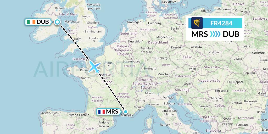 FR4284 Ryanair Flight Map: Marseille to Dublin