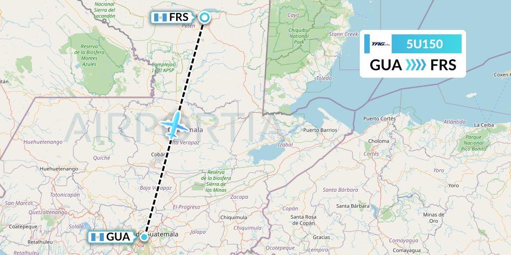 5U150 TAG Airlines Flight Map: Guatemala City to Flores