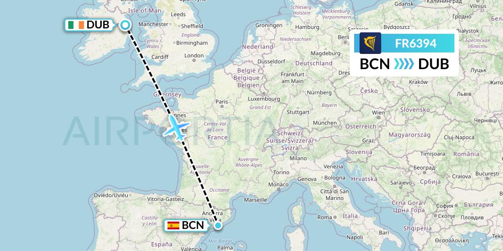 FR6394 Ryanair Flight Map: Barcelona to Dublin