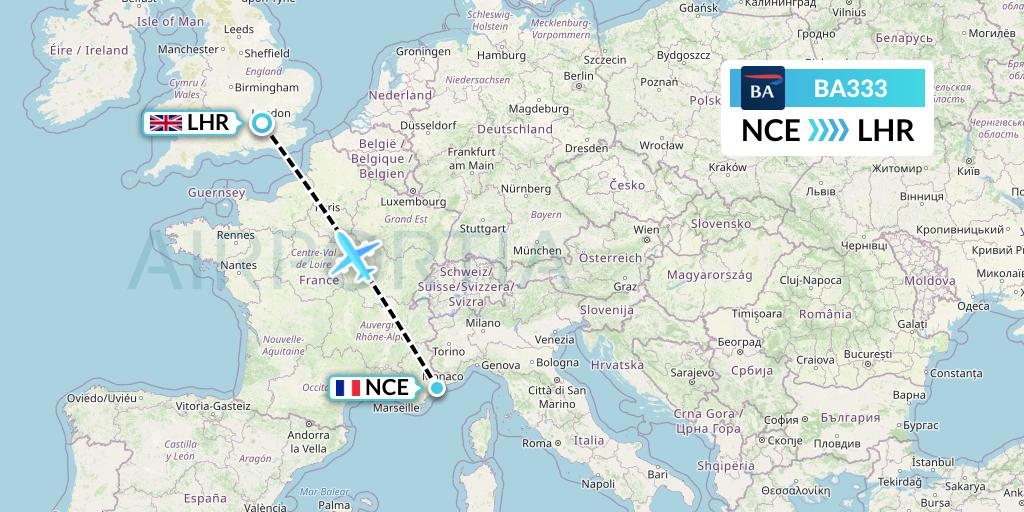 BA333 British Airways Flight Map: Nice to London
