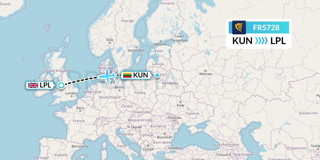 FR5728 Ryanair Flight Map: Kaunas to Liverpool